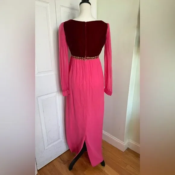 1970s Fuchsia Pink and Red Velvet Holiday Cottagecore Maxi Dress - Picture 8 of 15